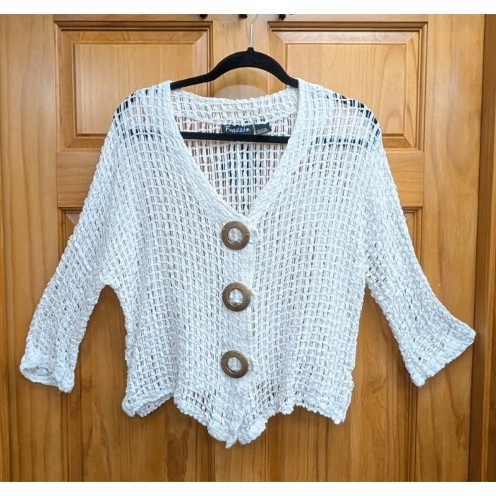 Frazzle Crochet Women's White Crochet Button-Down Front Blouse Top 3/4 Sleeves